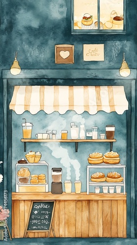 Watercolor Illustration of a Cozy Cafe Shop Front.