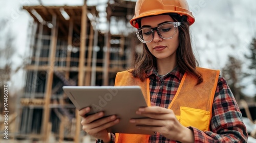 Visualize a woman contractor reviewing plans on a tablet while wearing construction gear, with a partially built structure in the background photo