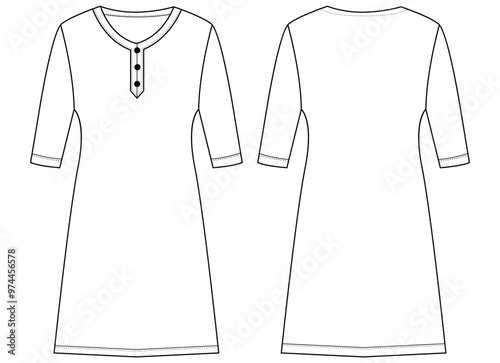 Women kurta Dress tunic technical fashion 
illustration with elbow sleeves, Flat apparel front, back, 