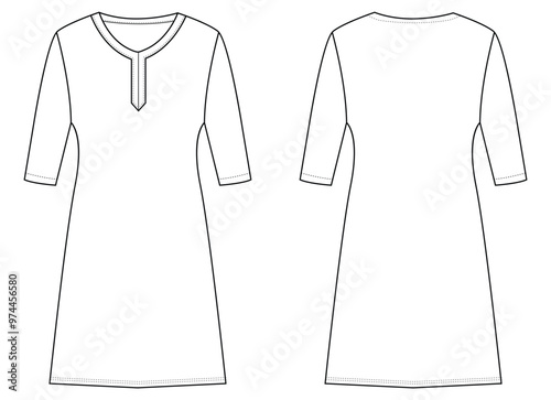 Women kurta Dress tunic technical fashion 
illustration with elbow sleeves, Flat apparel front, back, 