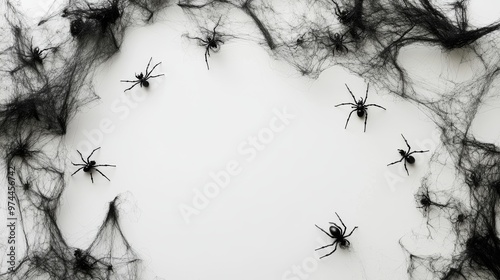 There is a white background with black spiders and webs bordering it. photo