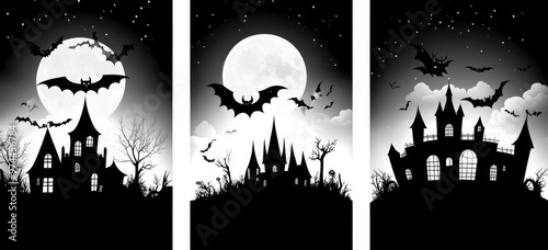 Halloween media post frame templates, pumpkins and cemetery silhouettes on a graveyard with bats, owls, spiders and cobwebs. photo