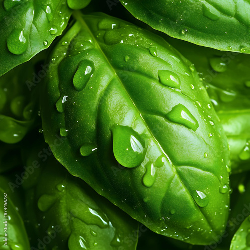 Macro shot of fresh vibrant green basil leaves covered with water droplets. Vector.