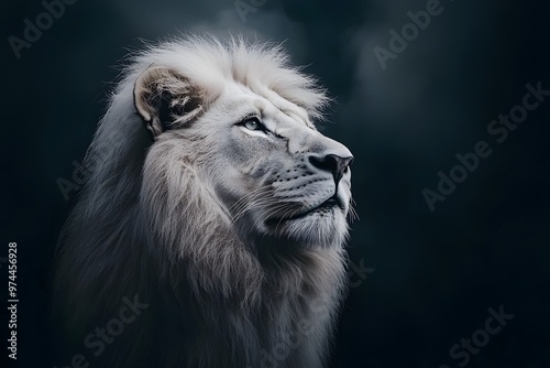 A regal white lion with a thick mane rests in the grass, gazing into the distance with piercing blue eyes, under a soft, cloudy sky, exuding calm and strength in a natural setting. photo