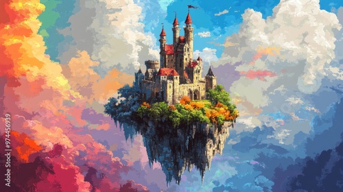 Pixel art medieval castle floating on an island in the sky, with a colorful cloudscape background creating a dreamy, otherworldly feel.