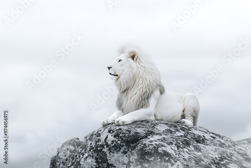 A regal white lion with a thick mane rests in the grass, gazing into the distance with piercing blue eyes, under a soft, cloudy sky, exuding calm and strength in a natural setting. photo