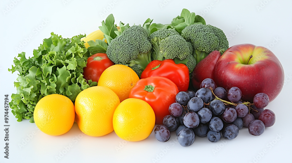 Vibrant Fresh Fruits and Vegetables on White Surface Vibrant Fresh Fruits and Vegetables on White Surface
