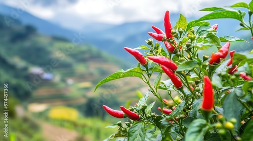 Red hot chili peppers growing on the hillside with green leaves in the mountains  