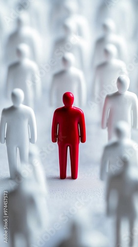 Individual Red figure stands out among white figures, symbolizing unique characteristics, qualities, advantageous or negative difference, chosen perfect candidate, white background.