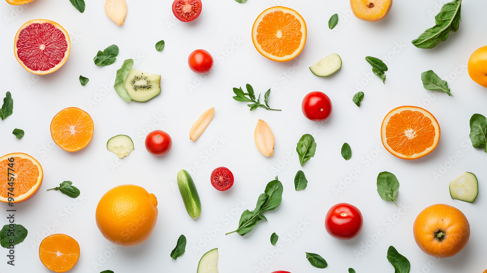 Vibrant Fresh Fruits and Vegetables on White Surface Vibrant Fresh Fruits and Vegetables on White Surface