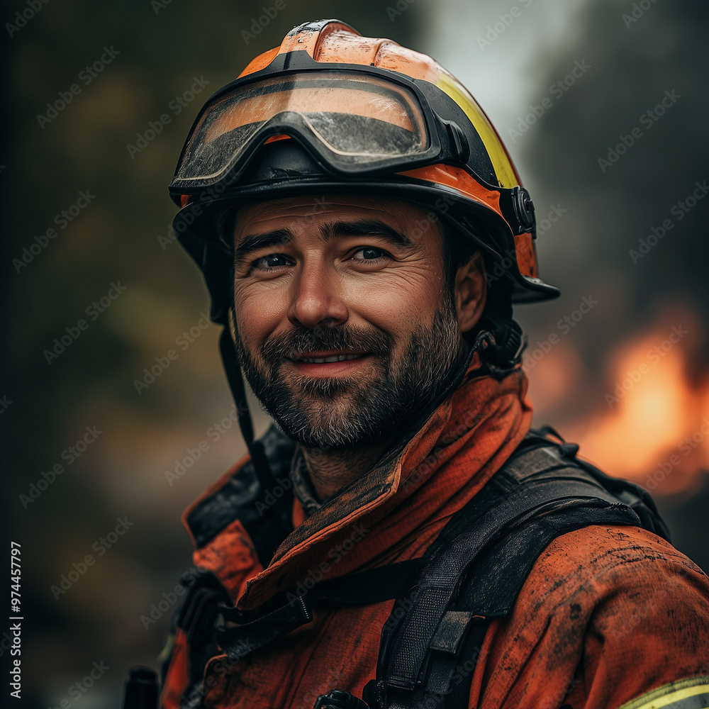 Close-up of a bearded firefighter wearing a helmet with goggles and orange uniform. Warm lighting highlights his positive expression amid a blurred fiery background Close-up of a bearded firefighter wearing a helmet with goggles and orange uniform. Warm lighting highlights his positive expression amid a blurred fiery background