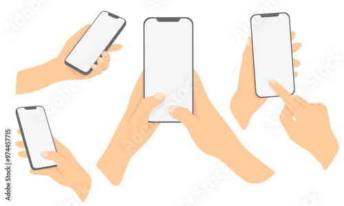 Hand holding mobile phone mockup vector template collection. Flat vector illustrations isolated on white background 