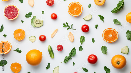Vibrant Fresh Fruits and Vegetables on White Surface