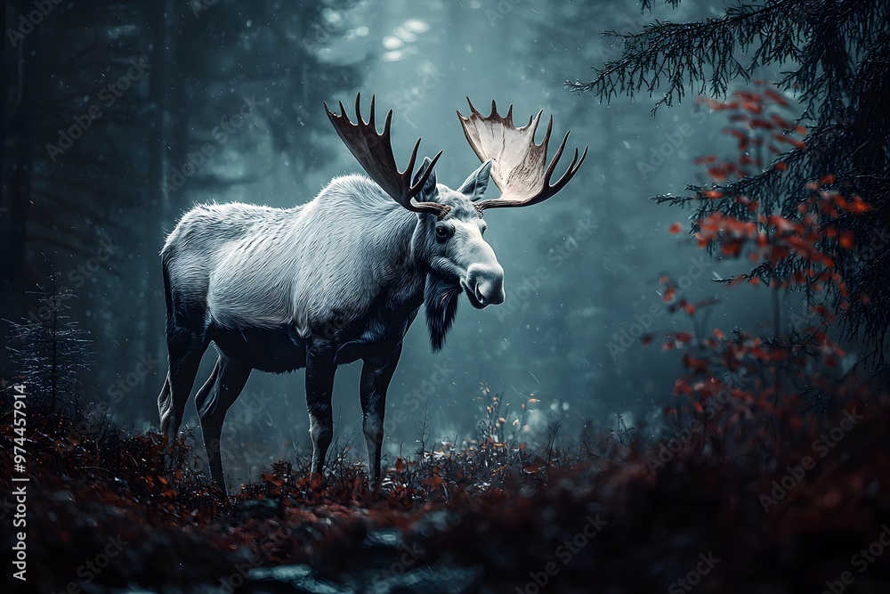 A majestic moose with large antlers stands in a serene autumn field, surrounded by soft grass, under a cloudy sky during sunset.