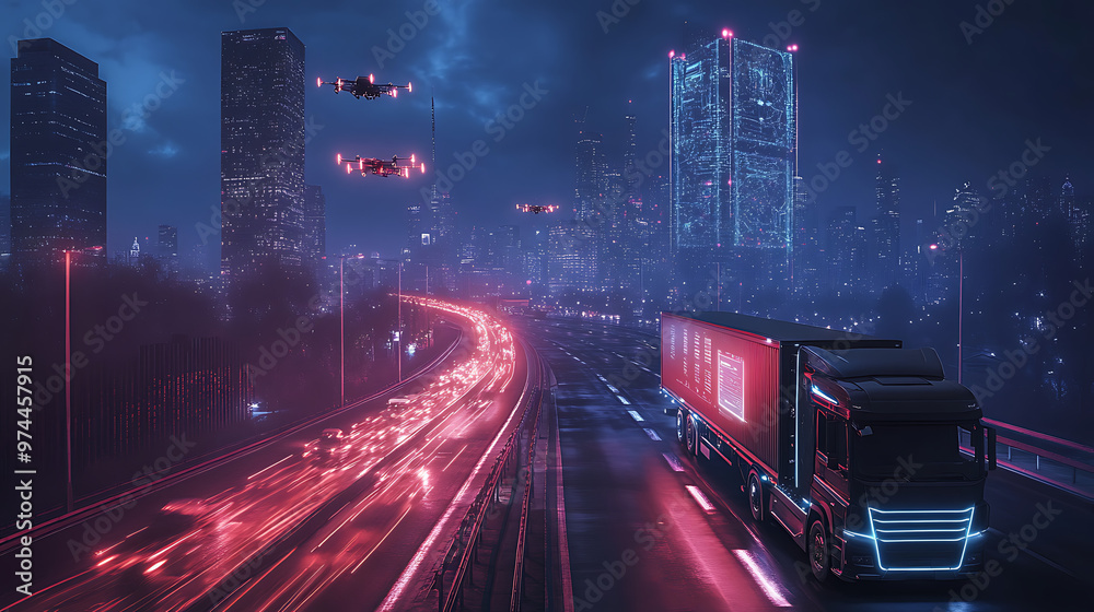 A city skyline at night with autonomous delivery trucks and drones transporting goods through smart roads and air routes, with glowing holographic maps and data overlays visible. The urban setting A city skyline at night with autonomous delivery trucks and drones transporting goods through smart roads and air routes, with glowing holographic maps and data overlays visible. The urban setting