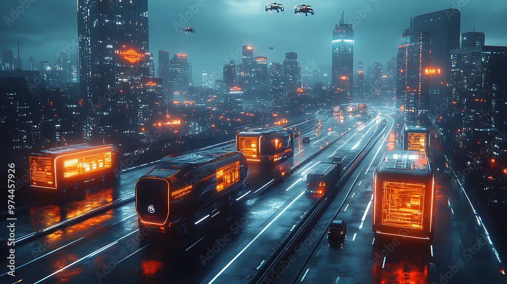 A city skyline at night with autonomous delivery trucks and drones ...