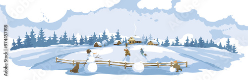 Fun winter activities, children sledding down a hill, making snowmen, Christmas time. Abstract winter rural landscape with old village. Freehand drawing, vector illustration.