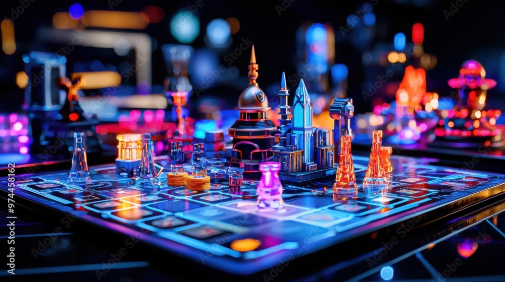 Futuristic Cityscape Board Game With Neon Lights Futuristic Cityscape Board Game With Neon Lights