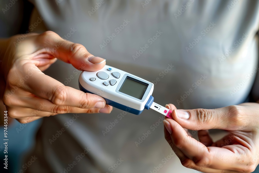 Glucose Testing. Person using a blood glucose meter to check blood ...