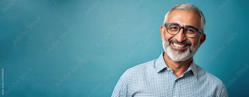 Smiling Arab senior man with glasses poses against a blue background in a casual checked shirt. Copy space for text.