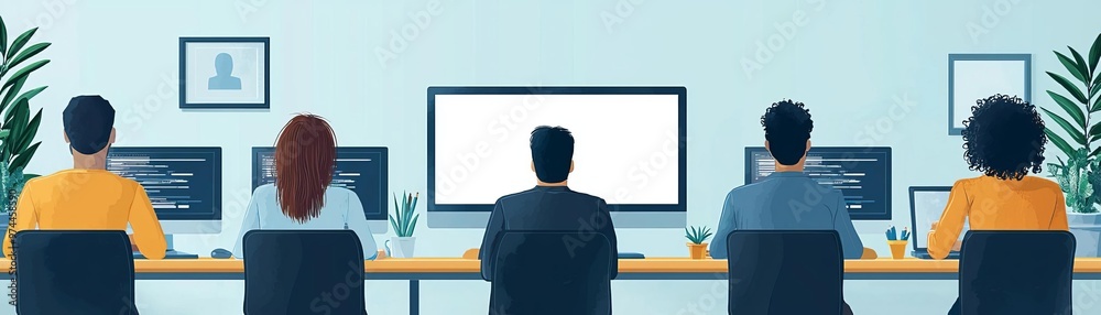 A business team working remotely, with a central screen left blank for text placement, symbolizing digital identity and online collaboration A business team working remotely, with a central screen left blank for text placement, symbolizing digital identity and online collaboration