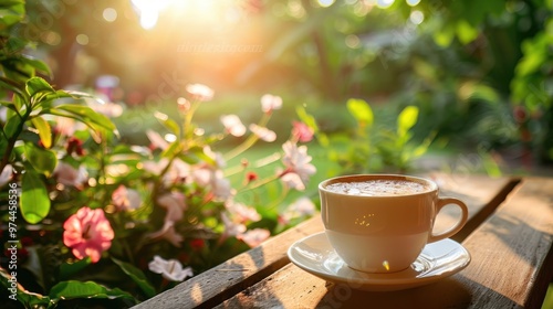 coffee time in the morning in garden with soft and smoot sunlight, ,generative ai