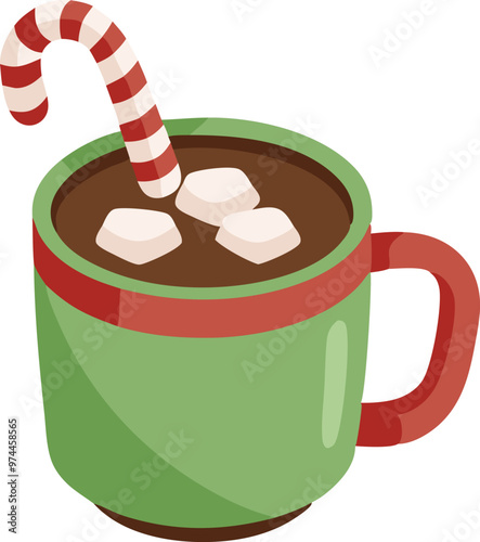 Cozy green mug filled with hot chocolate topped with marshmallows and a peppermint stick.