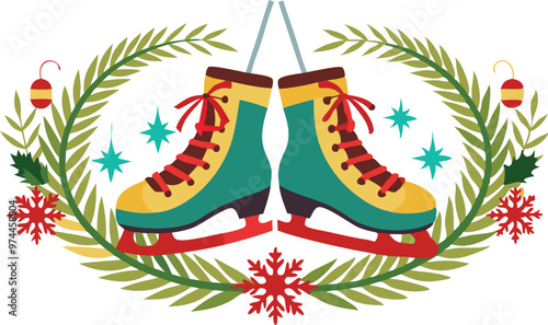 Festive ice skates adorned with bright colors are enclosed by holiday ornaments and winter embellishments, conveying a joyful winter spirit.