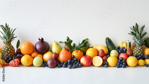 Vibrant Fresh Fruits and Vegetables on White Surface