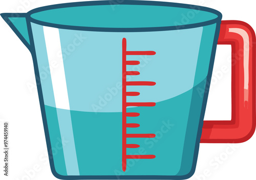 A blue measuring cup with a red handle.