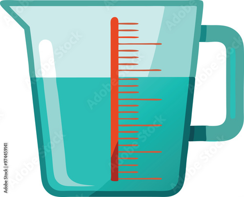 Vector illustration of a transparent measuring cup filled with blue liquid.