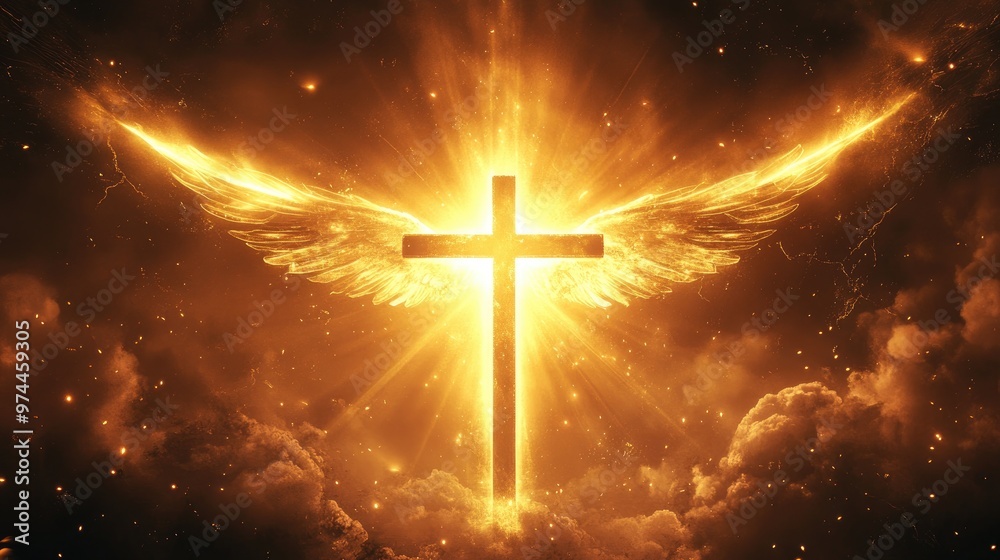 Radiant cross with angel wings glowing in a mystical scene, dramatic light beams illuminating the divine presence Radiant cross with angel wings glowing in a mystical scene, dramatic light beams illuminating the divine presence