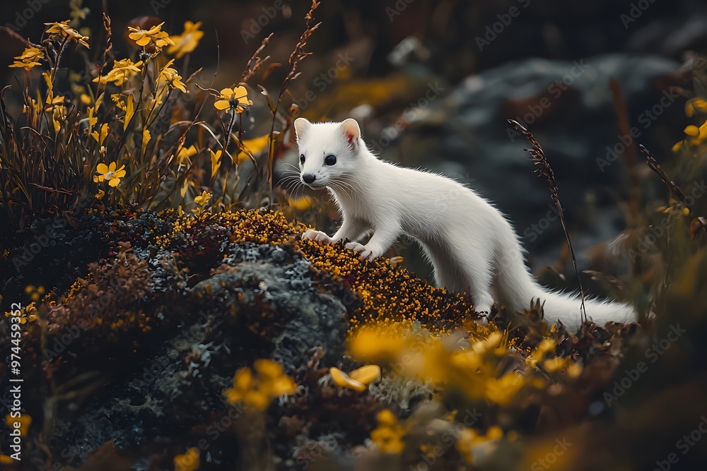 Fototapeta premium A white weasel stands alert on a rock, surrounded by soft-focus greenery, with a curious expression and bright eyes.