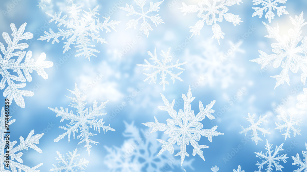 Frosty window effect with large snowflakes forming a natural pattern across a clear glass surface, set against a blue background Frosty window effect with large snowflakes forming a natural pattern across a clear glass surface, set against a blue background