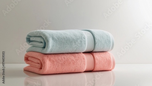 Stacked Soft Towels in Pastel Blue and Pink on White Surface
