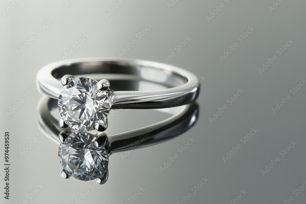 A close-up of a diamond engagement ring reflecting on a smooth surface. A close-up of a diamond engagement ring reflecting on a smooth surface.