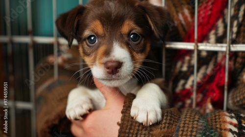 Picture a volunteer at an animal shelter picking up a rescued puppy. The puppy looks up with wide, hopeful eyes as the volunteer gently lifts it from the kennel, ready to provide care and love. photo