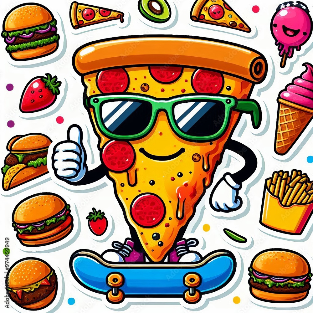Sticker of a weighty character pizza on a skateboard, generated by artificial intelligence Sticker of a weighty character pizza on a skateboard, generated by artificial intelligence