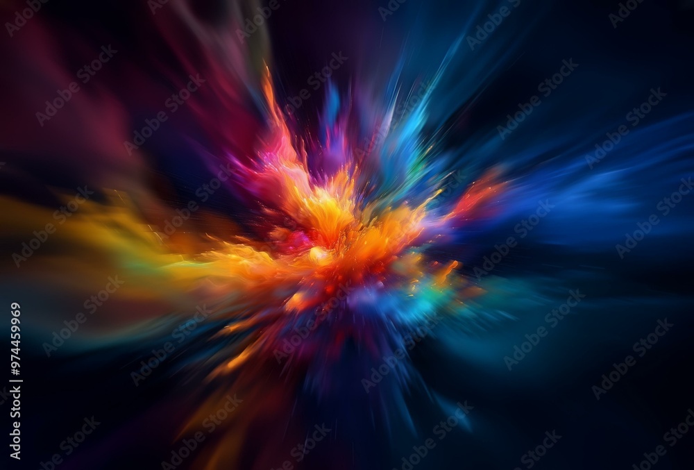 Abstract burst of colorful light radiating outwards on a dark background. Abstract burst of colorful light radiating outwards on a dark background.