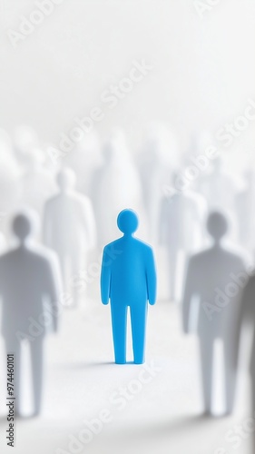 Individual Blue figure stands out among white figures, symbolizing unique characteristics, qualities, advantageous or negative difference, chosen perfect candidate, white background.