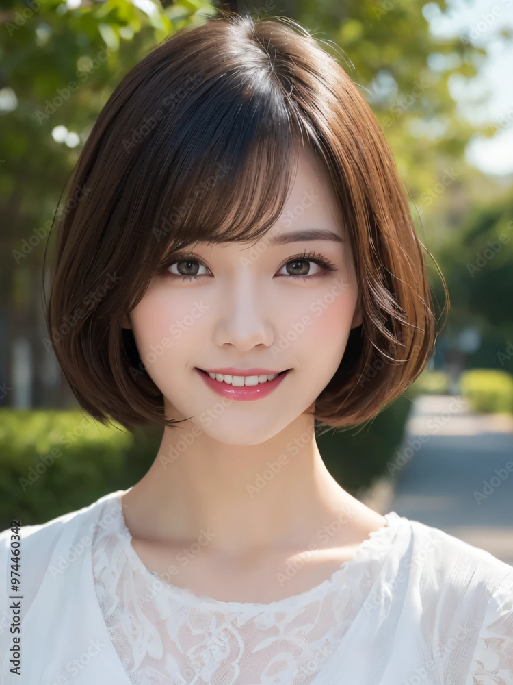 Japanese woman smiling kindly in the park. Generative AI Japanese woman smiling kindly in the park. Generative AI