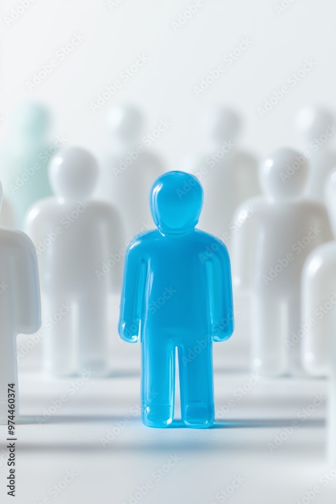 Individual Blue figure stands out among white figures, symbolizing unique characteristics, qualities, advantageous or negative difference, chosen perfect candidate, white background. Individual Blue figure stands out among white figures, symbolizing unique characteristics, qualities, advantageous or negative difference, chosen perfect candidate, white background.
