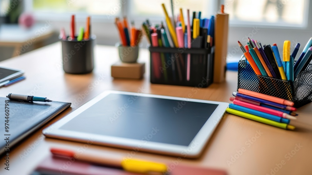 Vibrant Stationery and Digital Tablet on Desk Vibrant Stationery and Digital Tablet on Desk