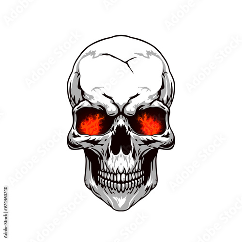 AI generated skull mascot with burning eyes or generative AI skeleton head, vector emblem. Skull with red fire in eyes, AI generated mascot for biker club or motorcycle rider t shirt patch or print
