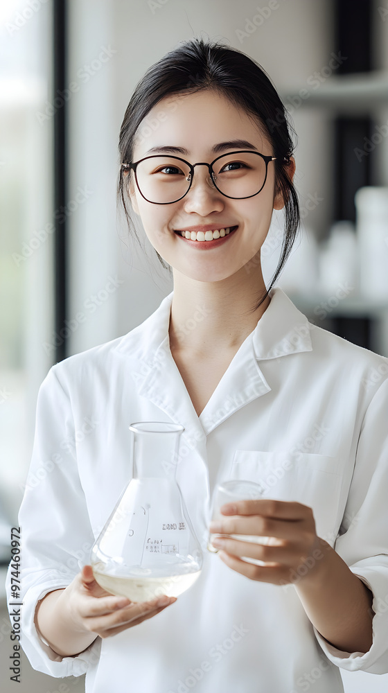 A smiling chinese female scientist holds a beaker and a small flask in a laboratory setting, showcasing her enthusiasm for research and innovation A smiling chinese female scientist holds a beaker and a small flask in a laboratory setting, showcasing her enthusiasm for research and innovation