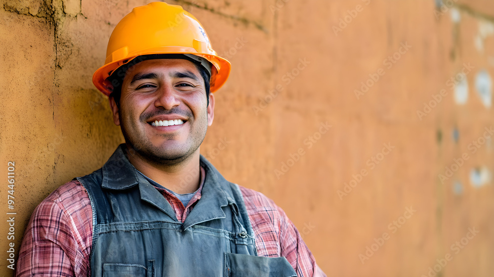 Smiling hispanic construction worker in a hard hat leans against a textured wall showcasing confidence and pride in his profession Smiling hispanic construction worker in a hard hat leans against a textured wall showcasing confidence and pride in his profession