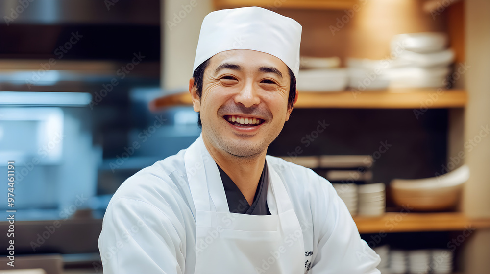 Smiling japanese sushi chef wearing a white apron and cap stands in a modern kitchen radiating warmth and hospitality Smiling japanese sushi chef wearing a white apron and cap stands in a modern kitchen radiating warmth and hospitality