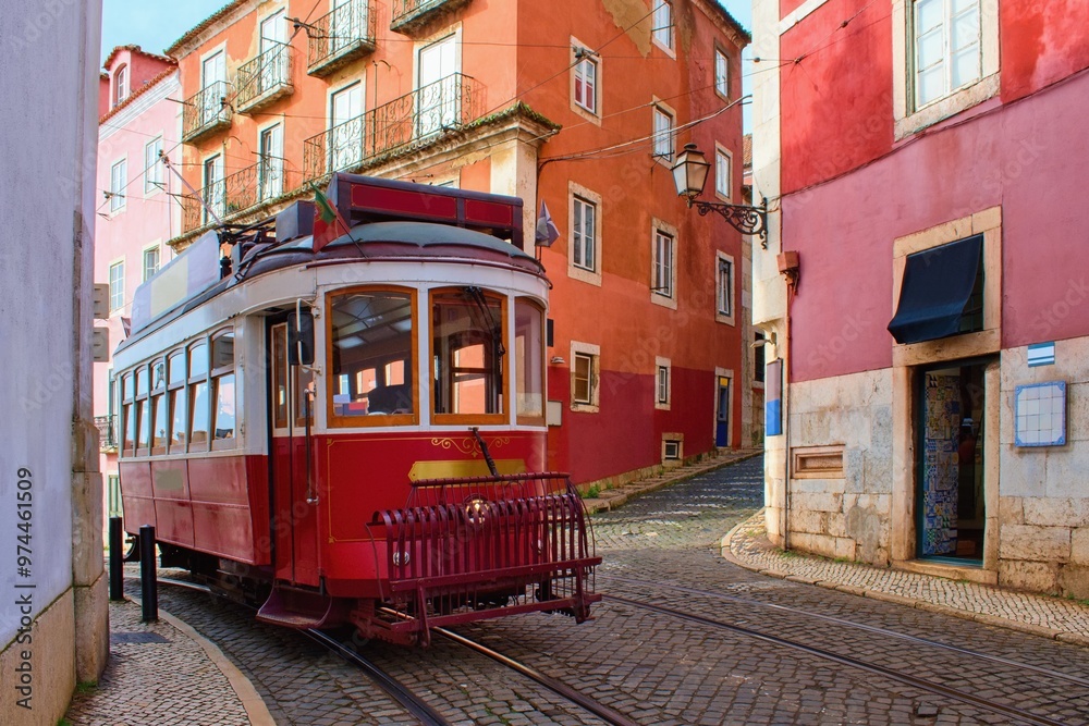 Traditional historical tramway in the street of Lisboa , Portugal.