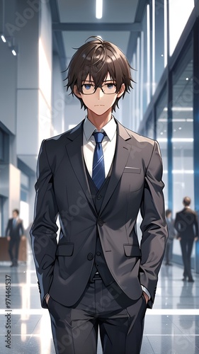 An anime character wearing an elegant suit and tie stands in a contemporary room, reflecting sophistication and poise 