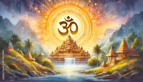 watercolor painting art of Hindu temples cityscape, Hindu religion background with Hindu symbol om text for tourism, Hindu festival, greeting, ceremony related concept